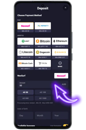 First Deposit Cashier Payment Method Selection Interface